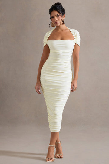 Paxos Ecru Ruched Short-Sleeve Midi Dress